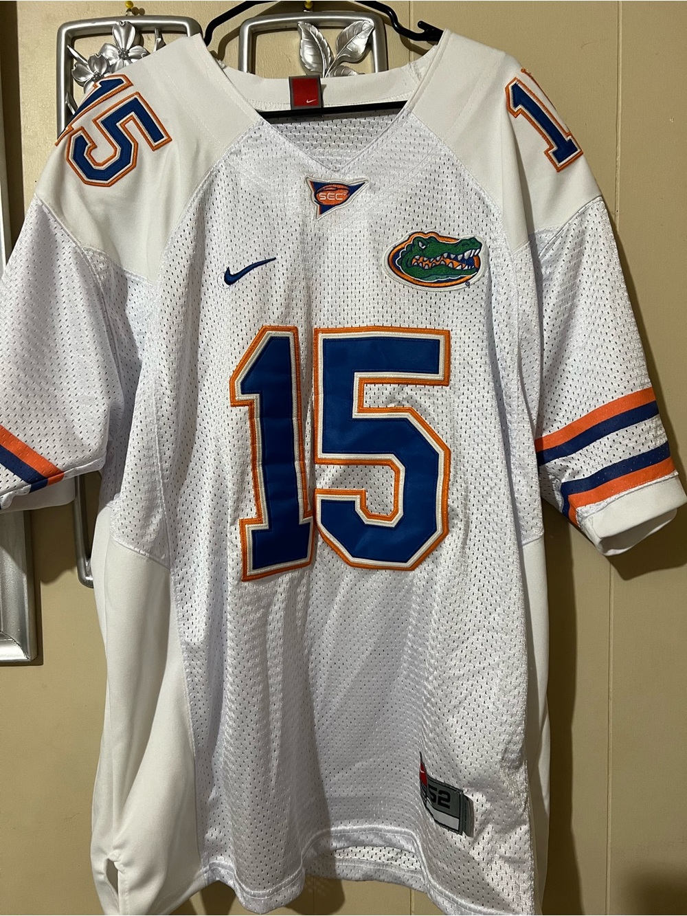 Nike White Florida Gators #15 Football Jersey with Blue & Orange Accents